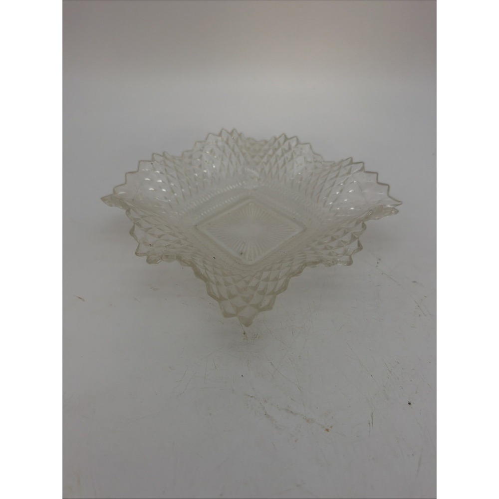 Vintage Indiana Glass Co. clear diamond point square ruffled candy dish.